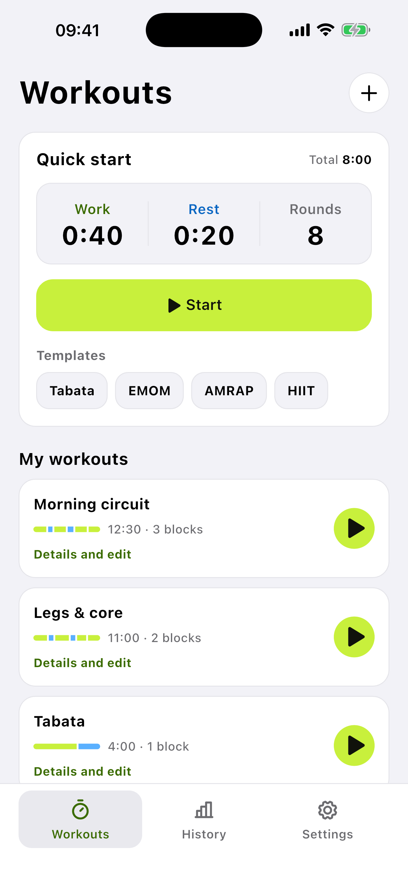 FitTimer home screen